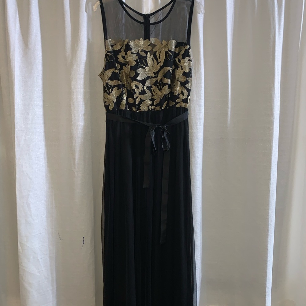 Long black dress with golden flowers to on top section. Size XL